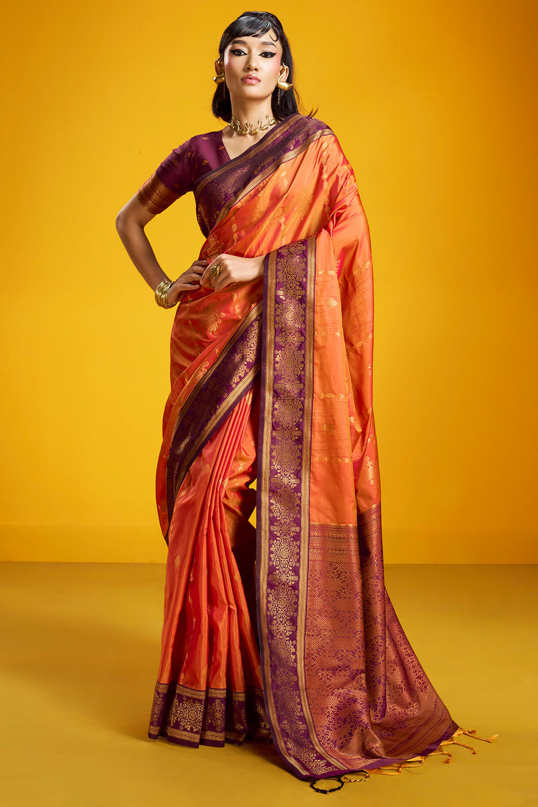 Rusty Orange Zari Handloom Soft Banarasi Silk Saree
