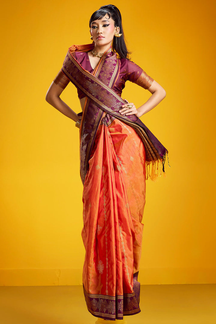 Rusty Orange Zari Handloom Soft Banarasi Silk Saree