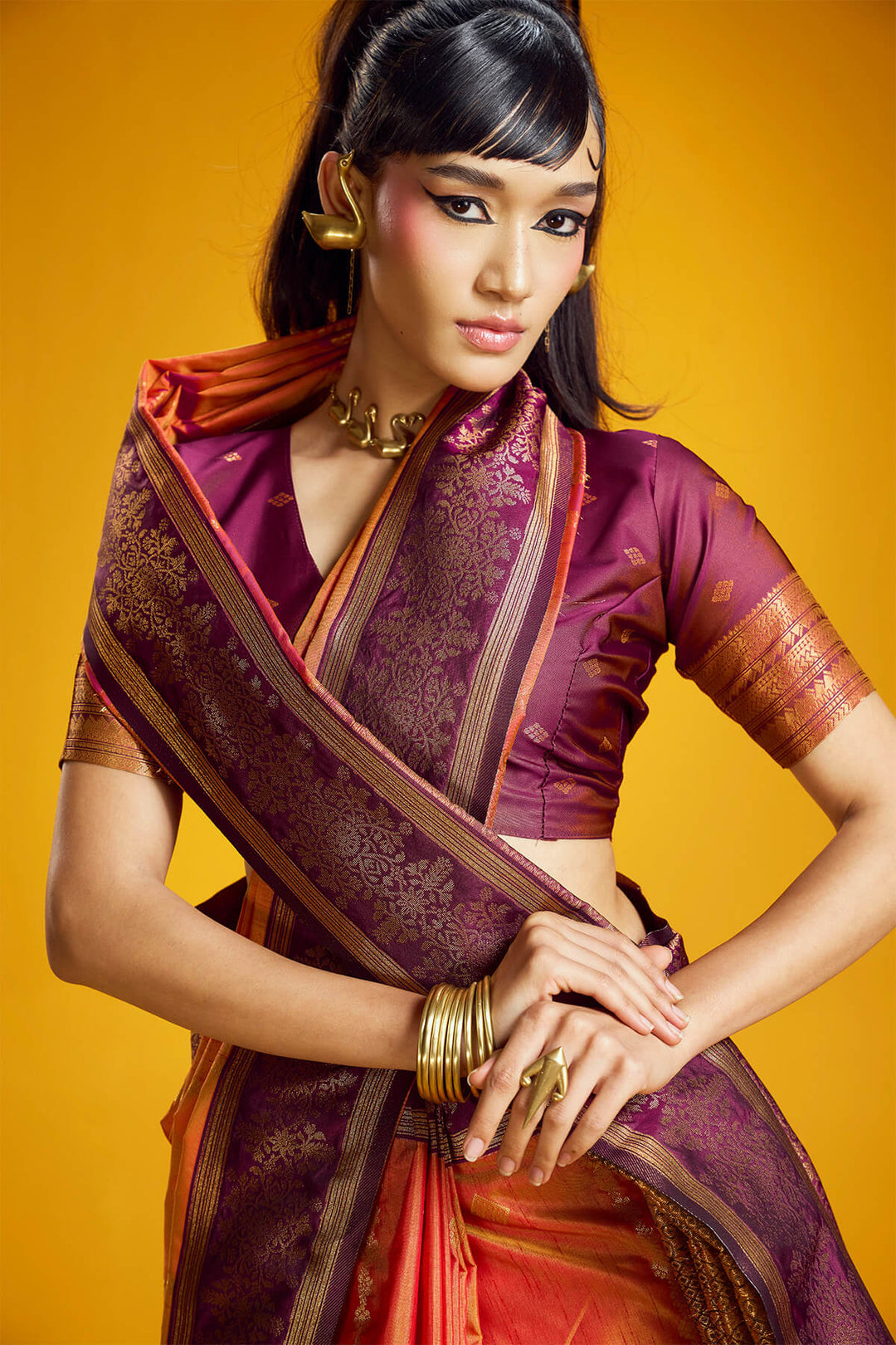 Rusty Orange Zari Handloom Soft Banarasi Silk Saree