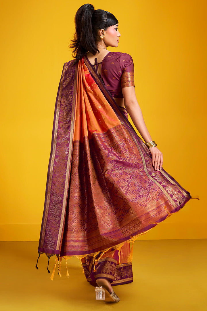 Rusty Orange Zari Handloom Soft Banarasi Silk Saree