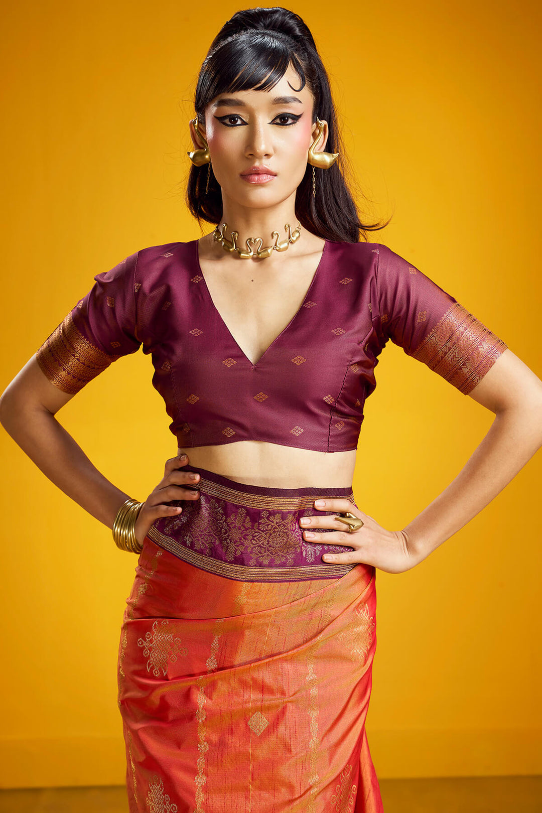 Rusty Orange Zari Handloom Soft Banarasi Silk Saree