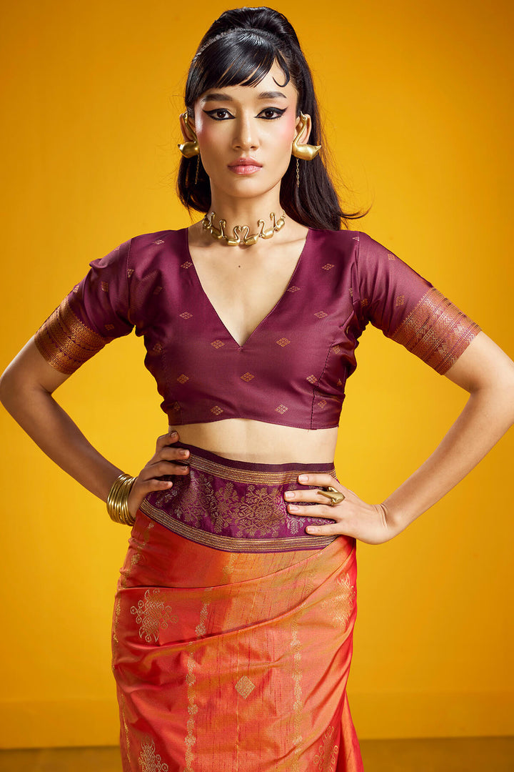 Rusty Orange Zari Handloom Soft Banarasi Silk Saree