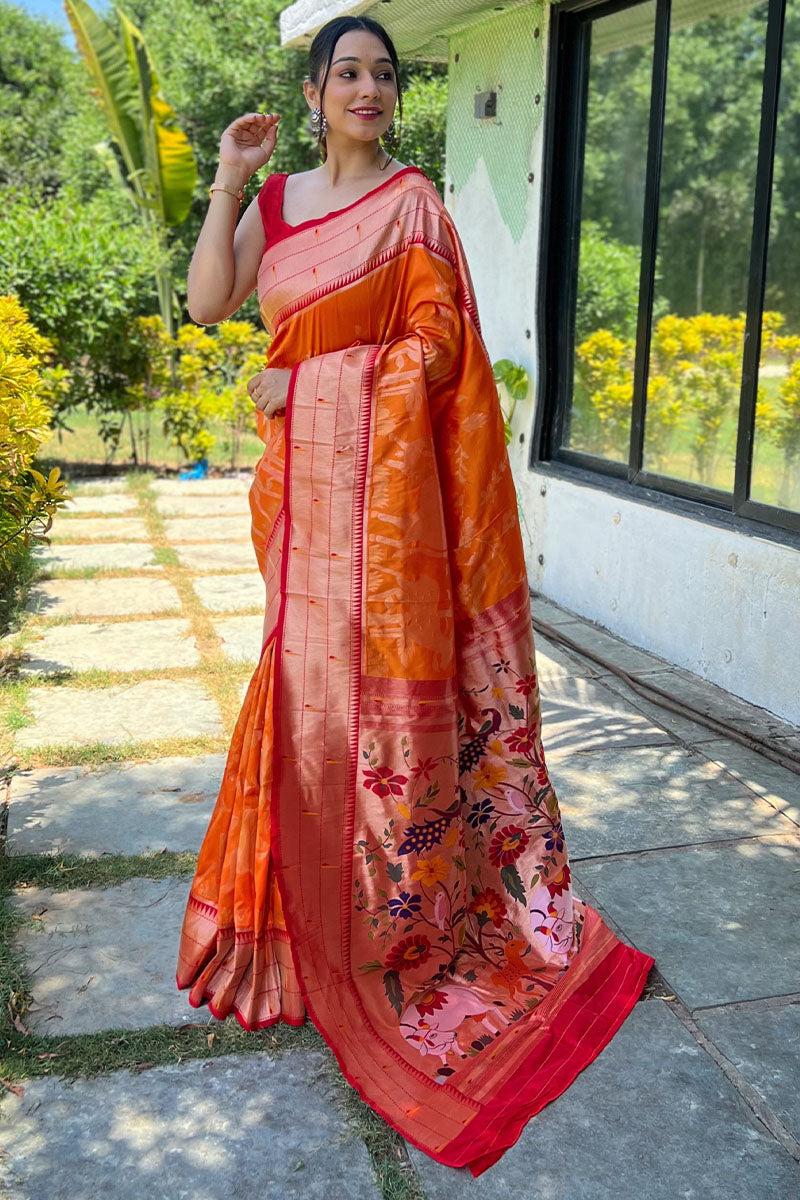 Rusty Orange Zari Woven Paithani Silk Saree