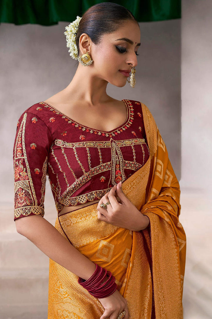 Rusty Orange Zari Woven Pure Crape Silk Saree with Designer Blouse Piece