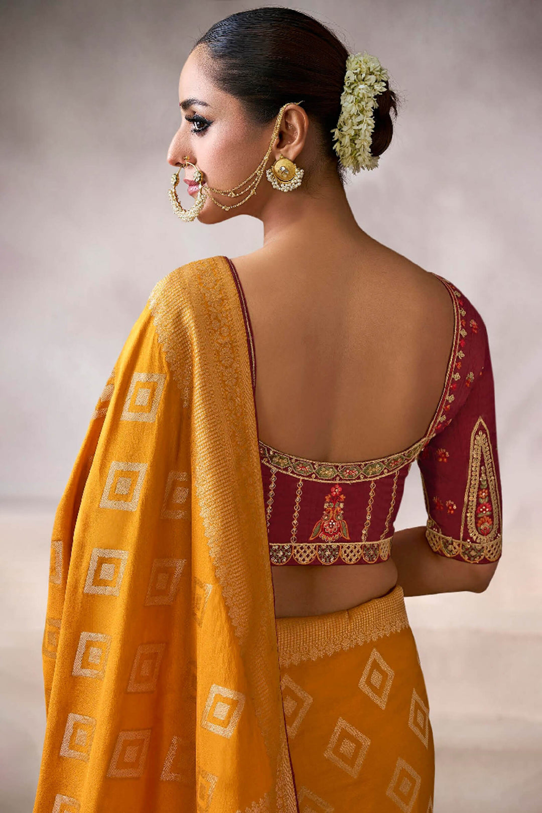 Rusty Orange Zari Woven Pure Crape Silk Saree with Designer Blouse Piece