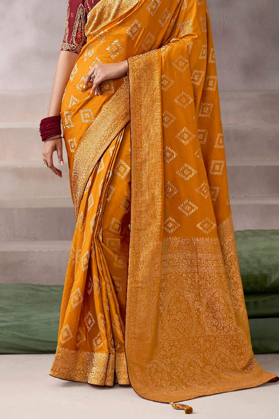 Rusty Orange Zari Woven Pure Crape Silk Saree with Designer Blouse Piece
