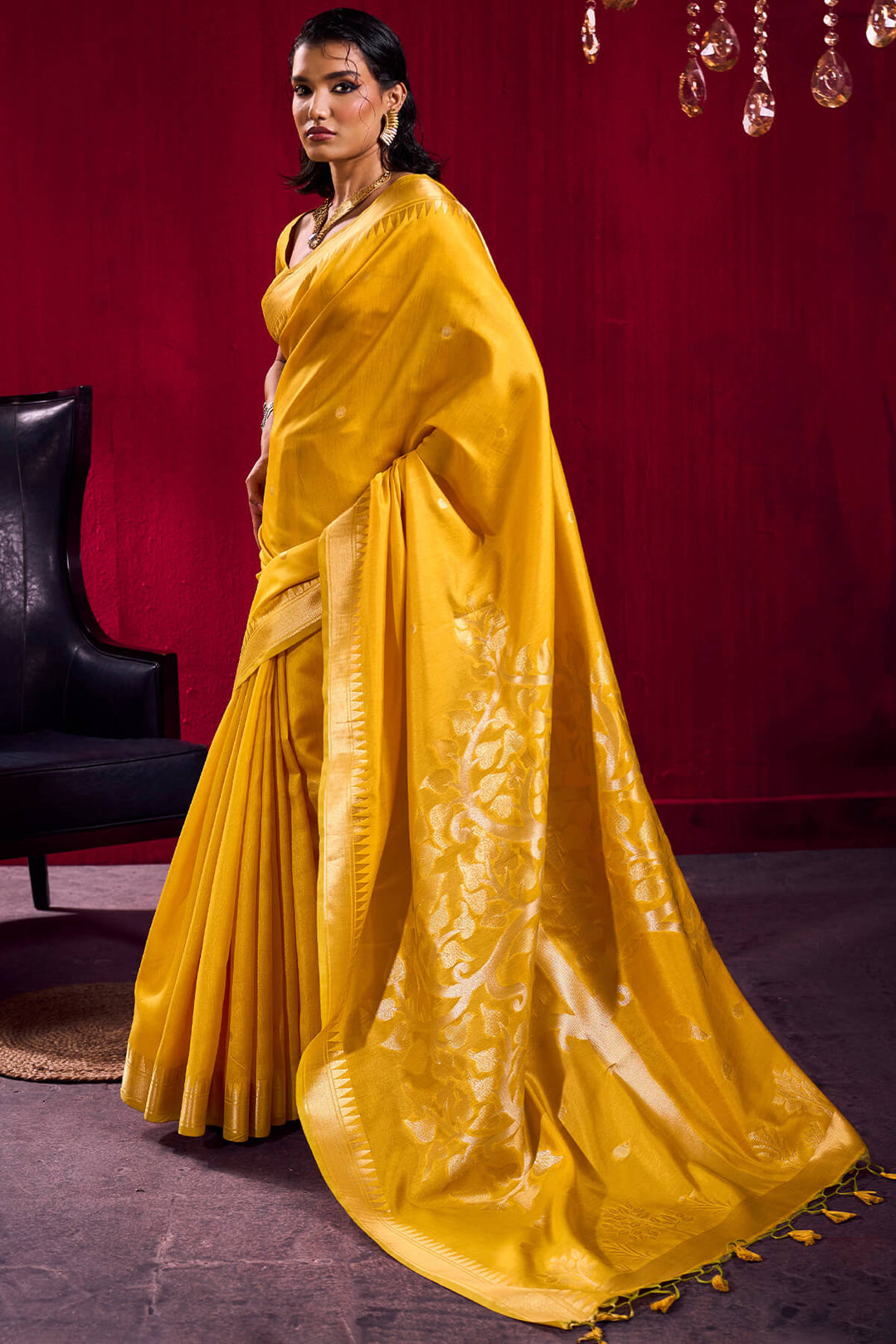 Saffron Yellow Banarasi Satin Linen Silk Saree