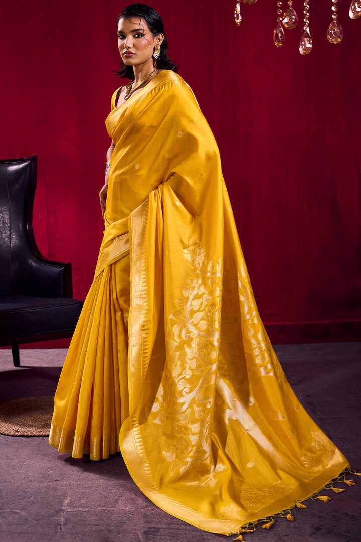 Saffron Yellow Banarasi Satin Linen Silk Saree