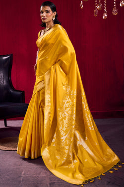 Saffron Yellow Banarasi Satin Linen Silk Saree