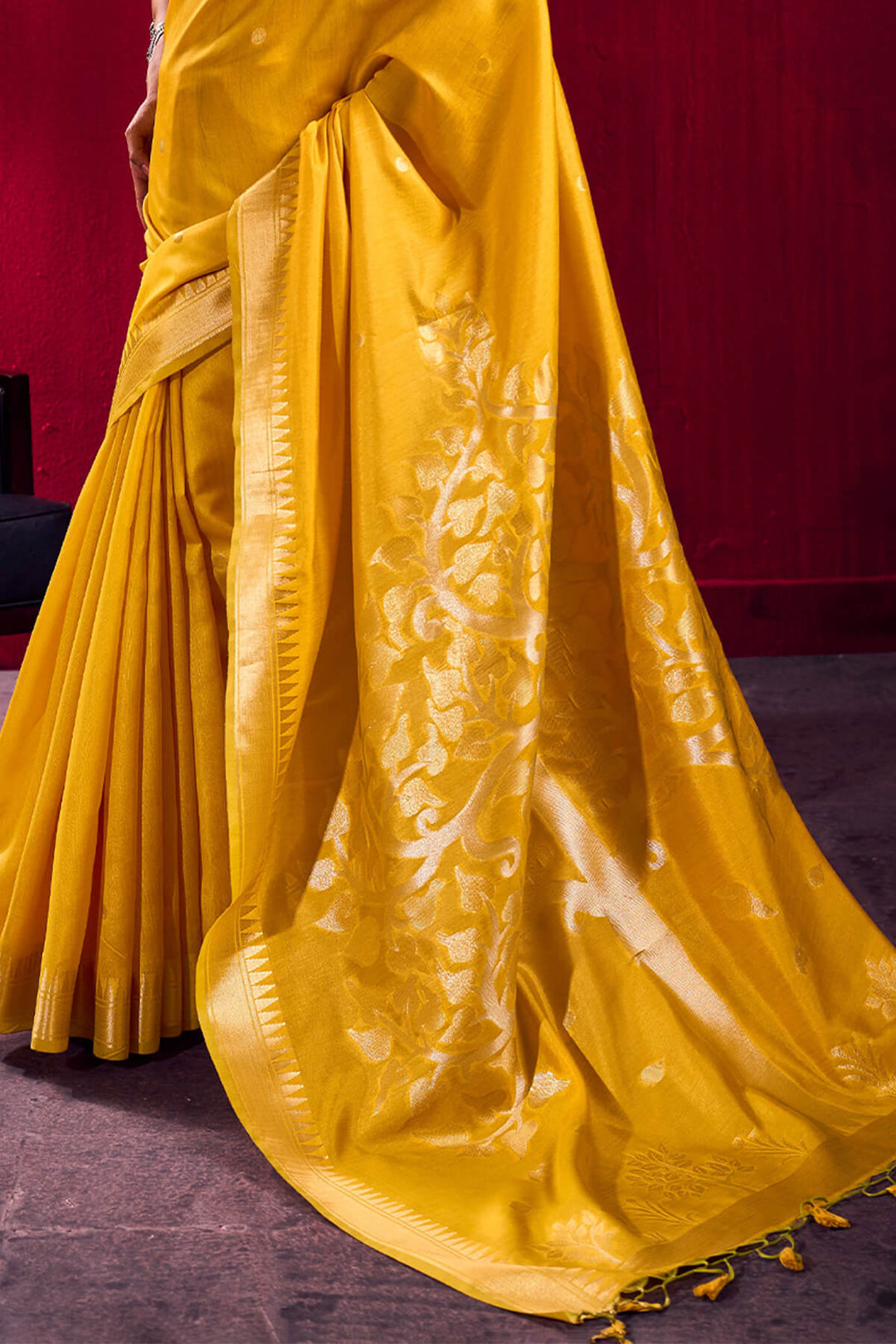Saffron Yellow Banarasi Satin Linen Silk Saree