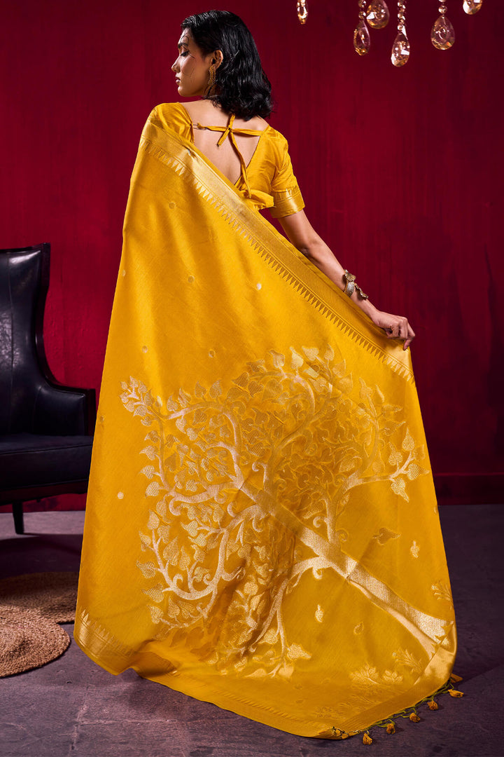 Saffron Yellow Banarasi Satin Linen Silk Saree