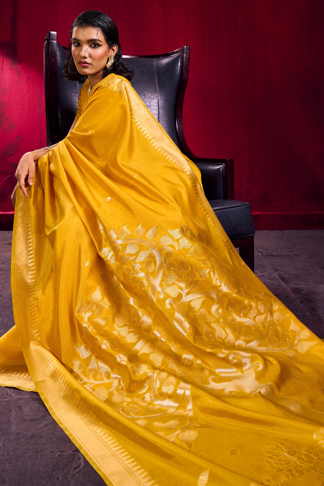 Saffron Yellow Banarasi Satin Linen Silk Saree