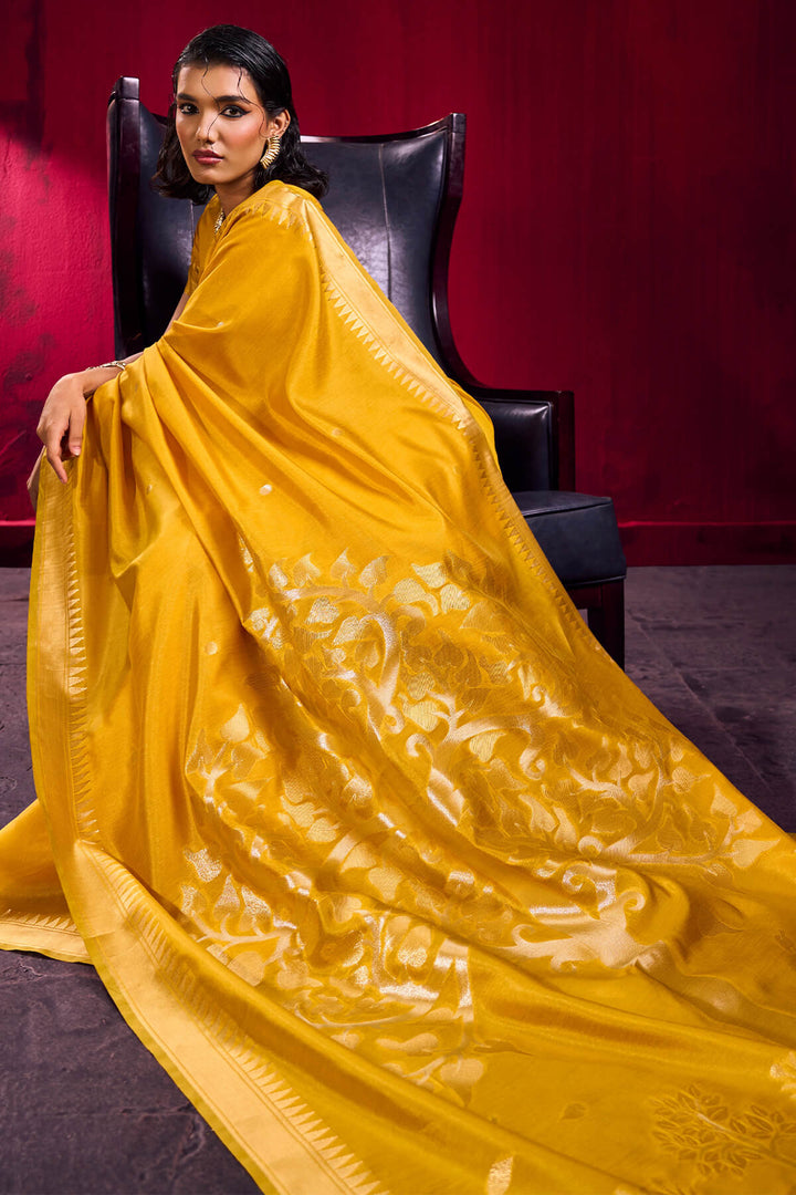Saffron Yellow Banarasi Satin Linen Silk Saree