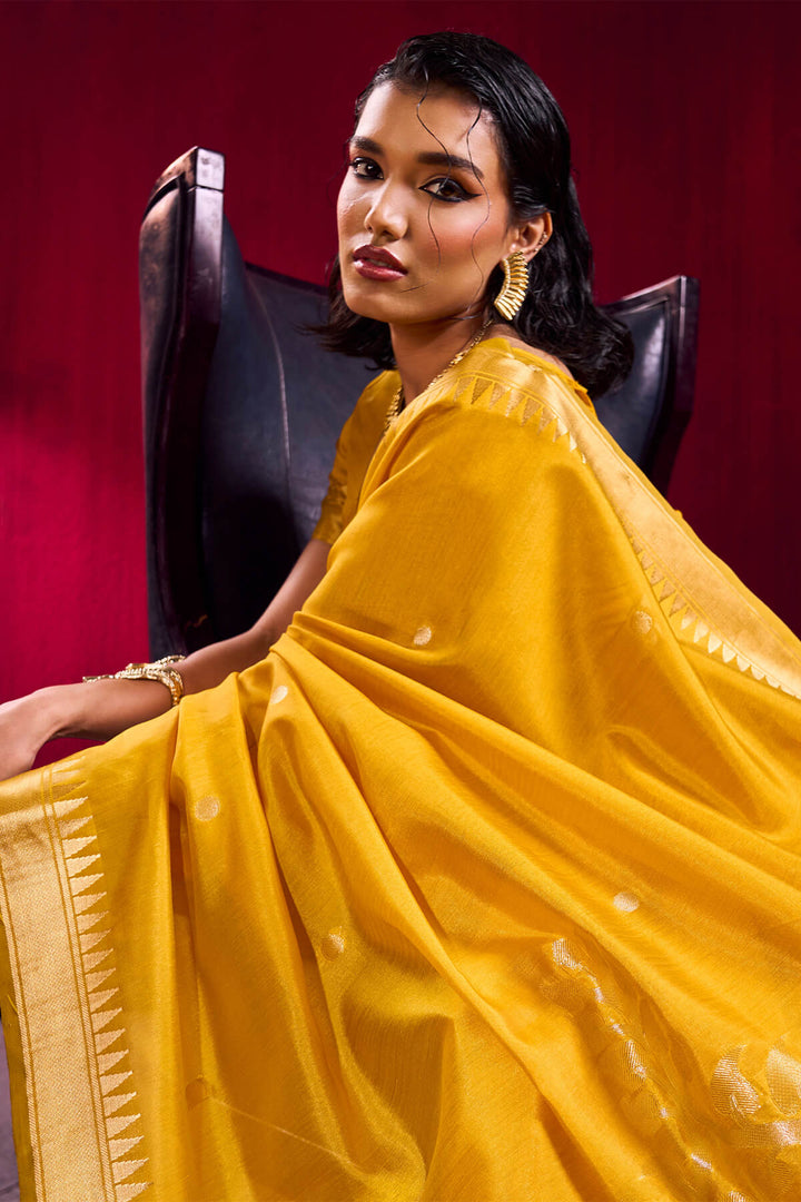 Saffron Yellow Banarasi Satin Linen Silk Saree