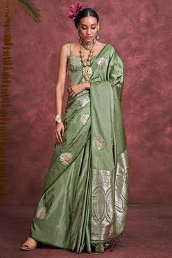 Sage Green Banarasi Satin Silk Saree