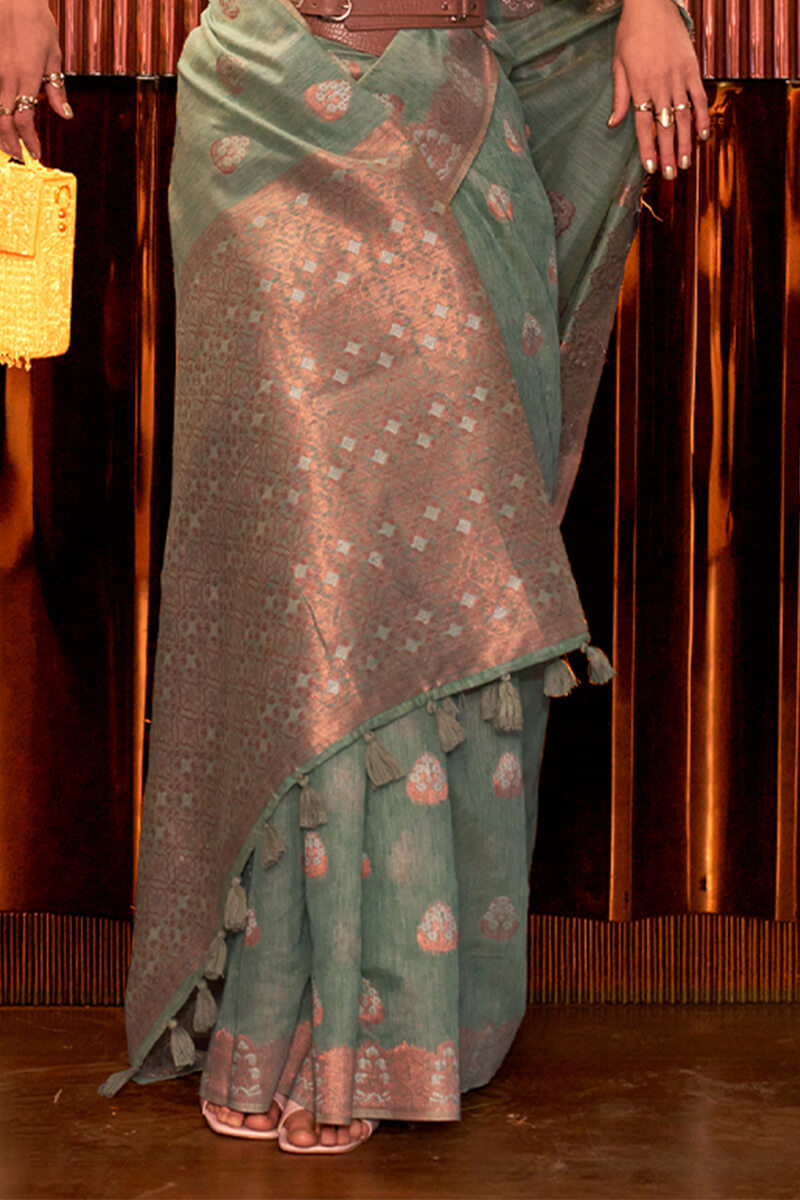 Sage Green Copper Zari Woven Linen Silk Saree