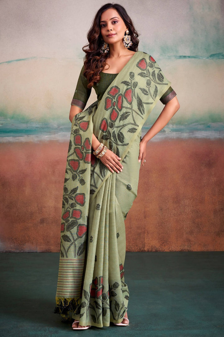Sage Green Cotton Modal Silk Saree