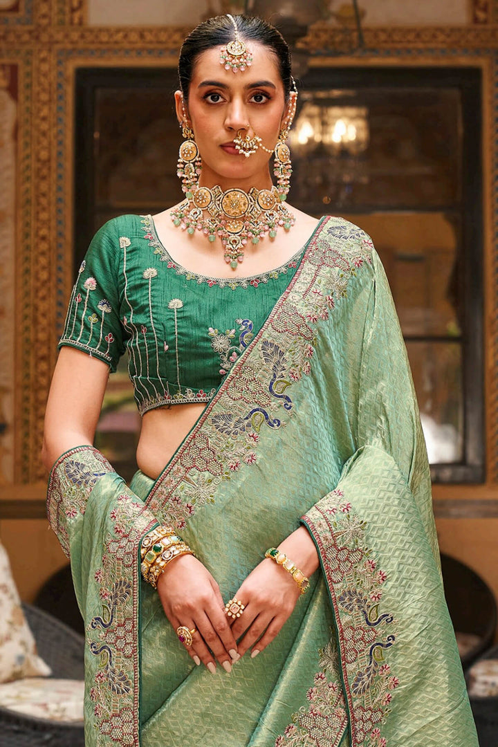 Sage Green Embroidery Work Tissue Silk Saree