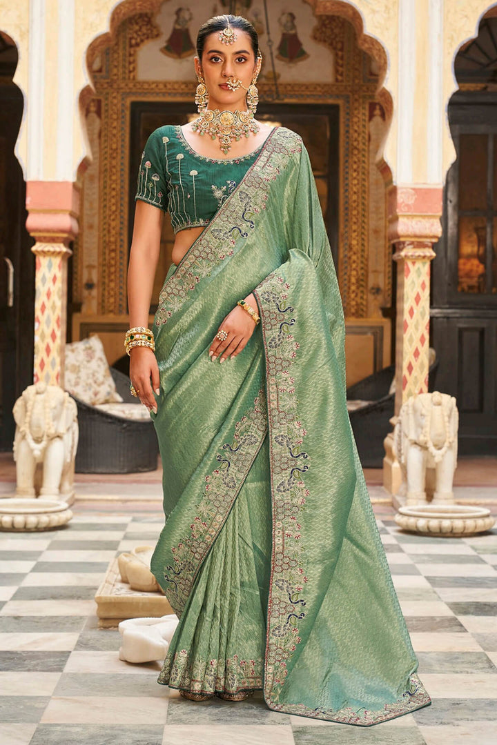 Sage Green Embroidery Work Tissue Silk Saree