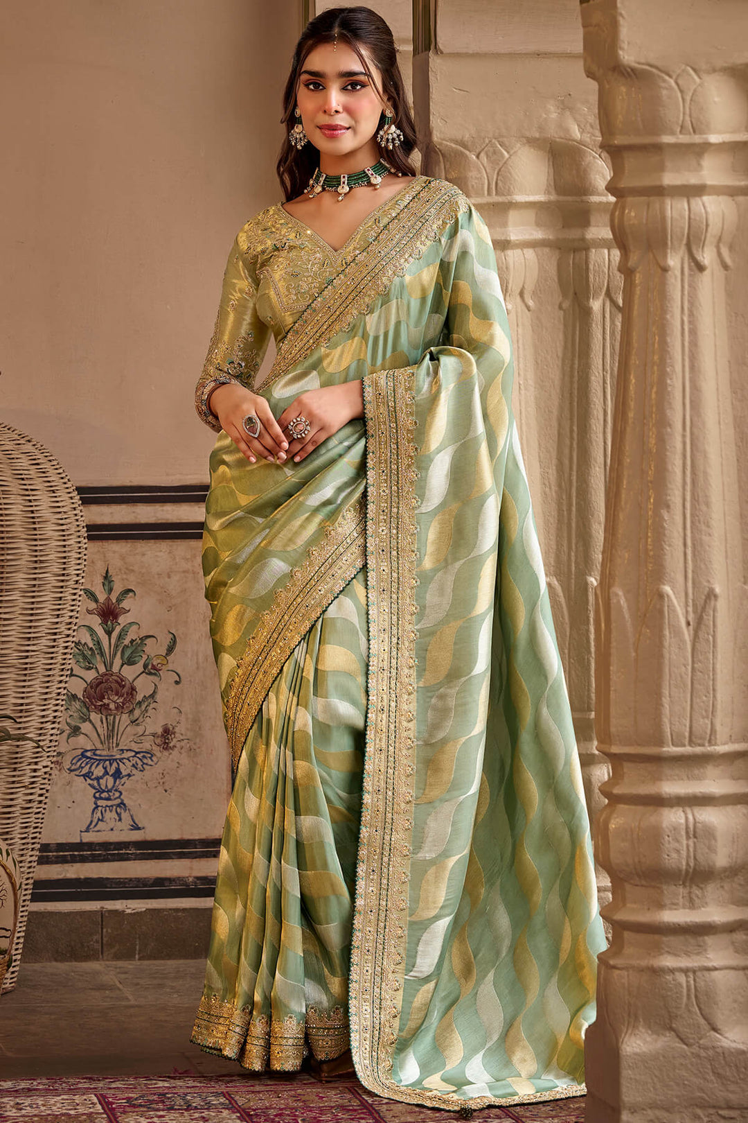 Sage Green Hand Work Viscose Saree with Stiched Blouse