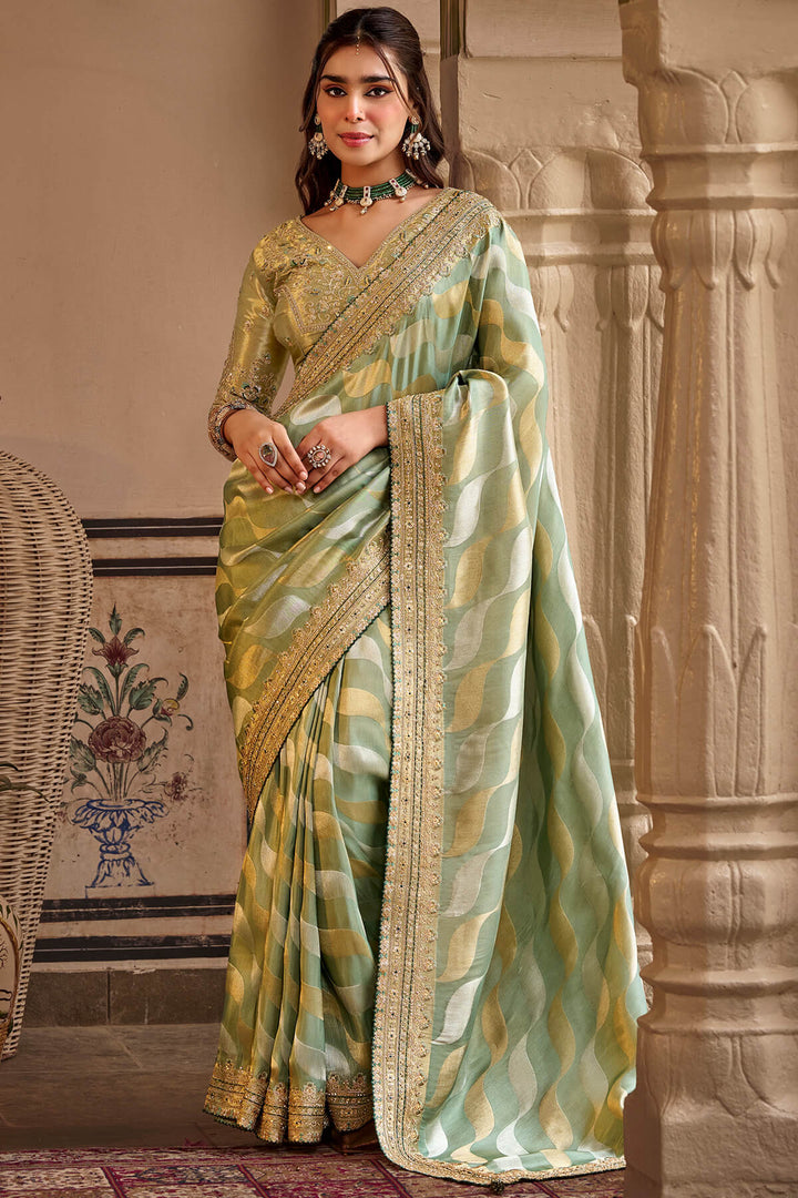 Sage Green Hand Work Viscose Saree with Stiched Blouse