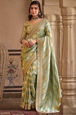 Sage Green Hand Work Viscose Saree with Stiched Blouse
