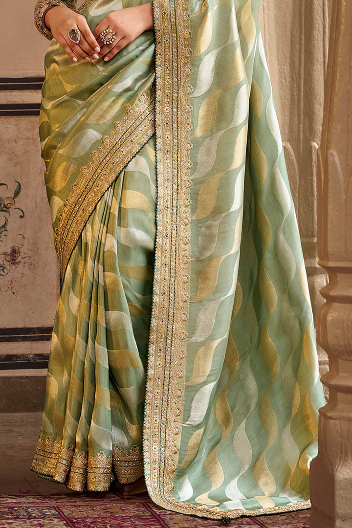 Sage Green Hand Work Viscose Saree with Stiched Blouse