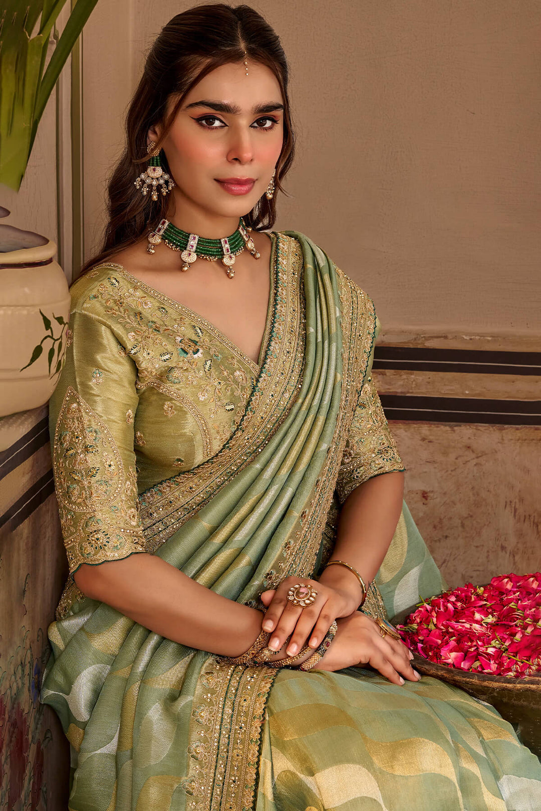 Sage Green Hand Work Viscose Saree with Stiched Blouse