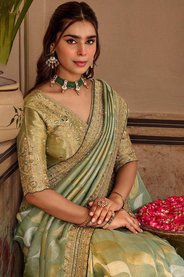 Sage Green Hand Work Viscose Saree with Stiched Blouse