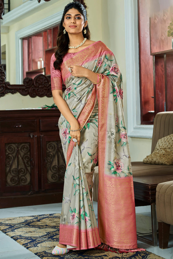 Sage Green Handloom Woven Digital Printed Soft Silk Saree