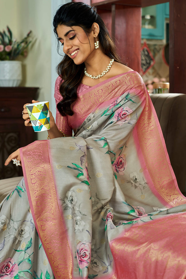 Sage Green Handloom Woven Digital Printed Soft Silk Saree
