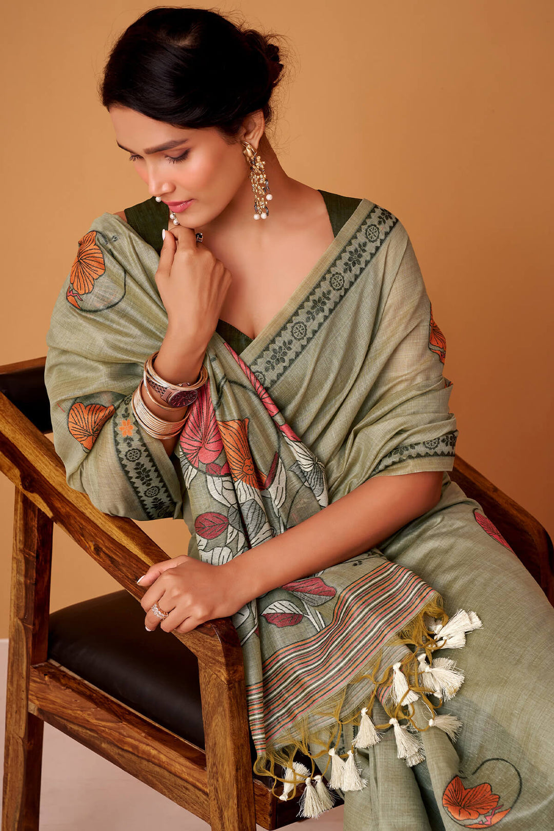 Sage Green Jamdani Cotton Silk Saree