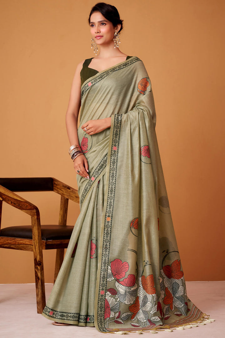 Sage Green Jamdani Cotton Silk Saree