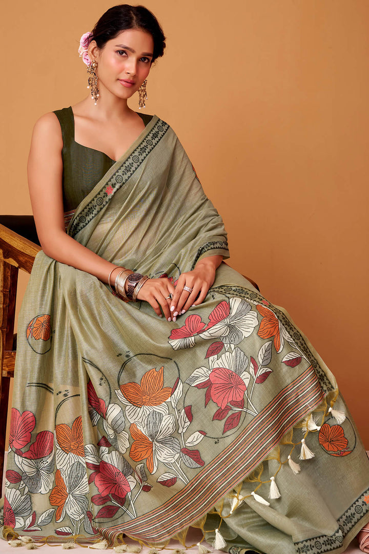 Sage Green Jamdani Cotton Silk Saree