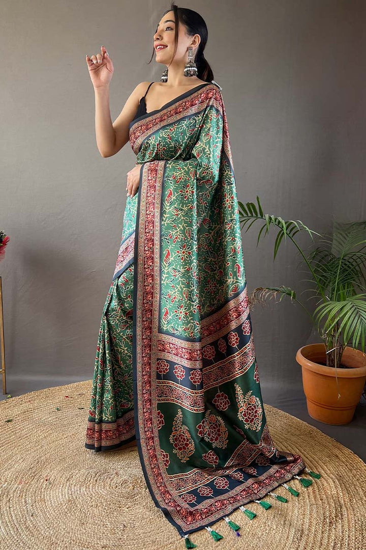 Sage Green Printed Soft Silk Saree