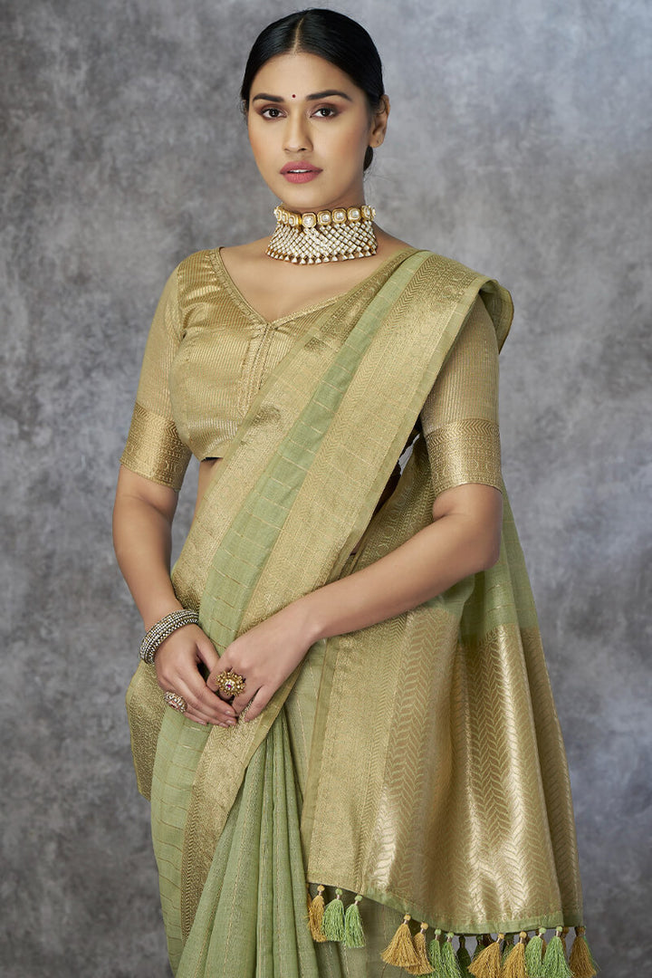 Sage Green Soft Linen Silk Saree