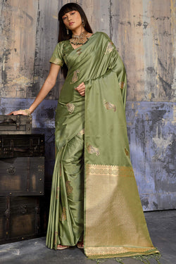 Sage Green Zari woven Banarasi Satin Silk Saree