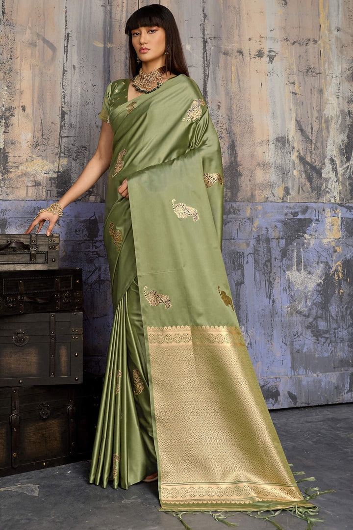 Sage Green Zari woven Banarasi Satin Silk Saree