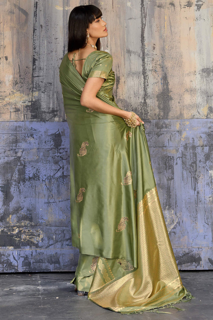 Sage Green Zari woven Banarasi Satin Silk Saree