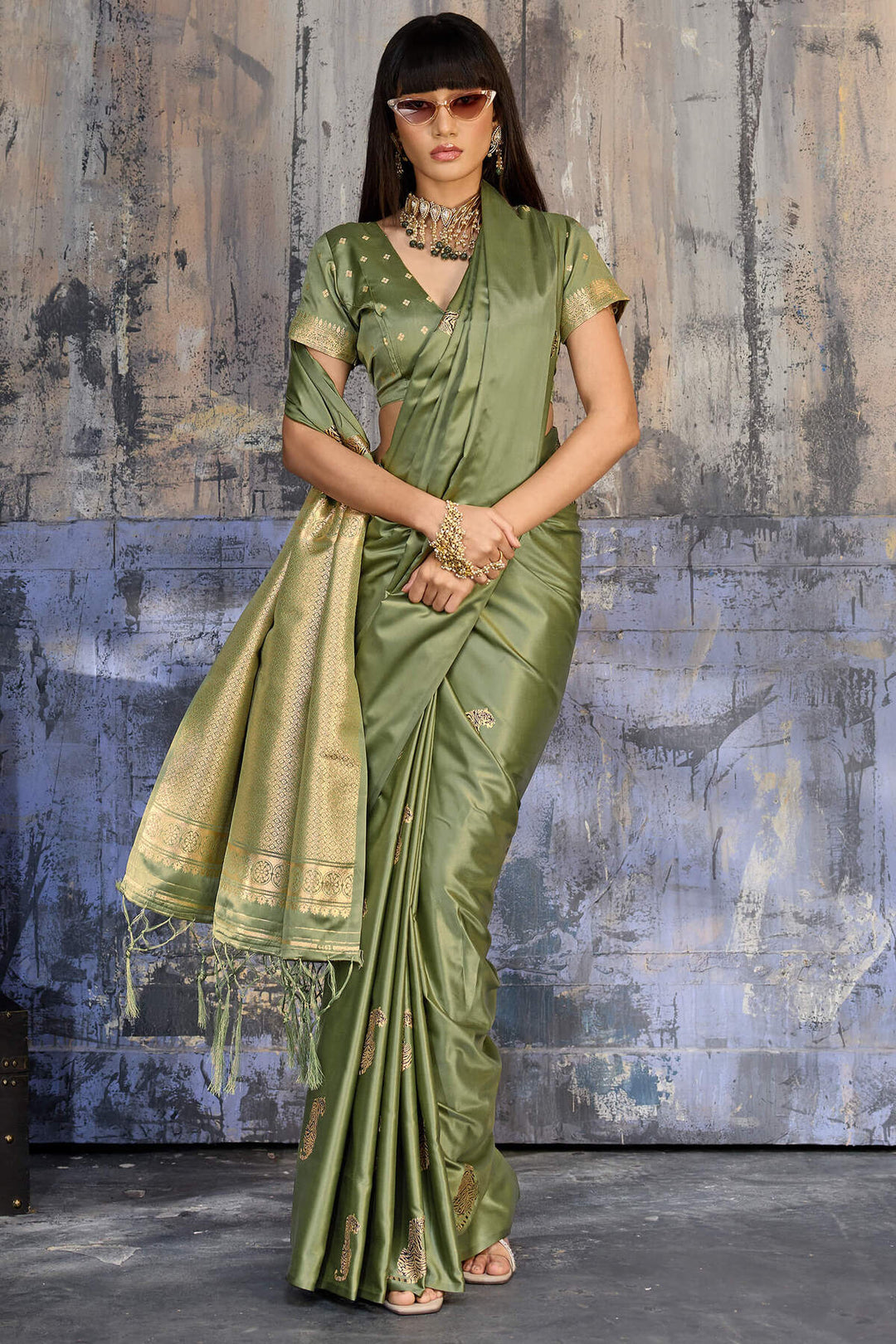 Sage Green Zari woven Banarasi Satin Silk Saree