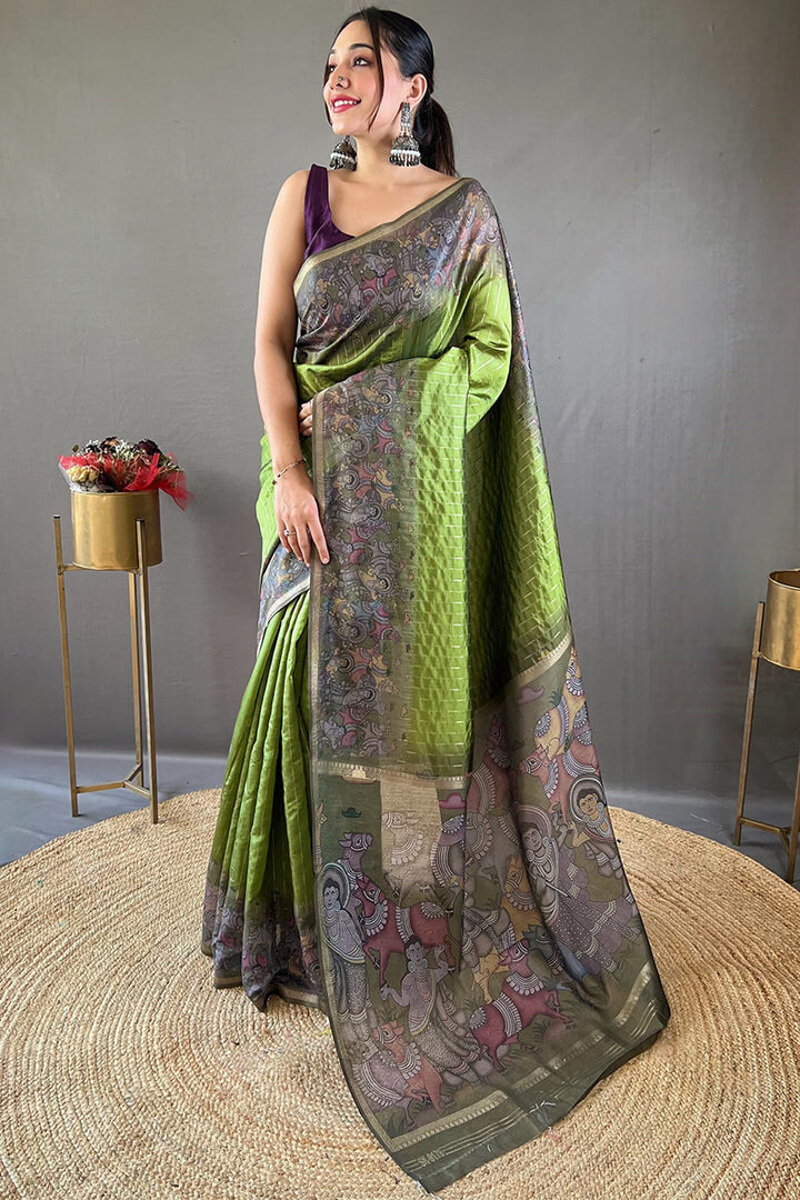 Salad Green Printed Chanderi silk saree