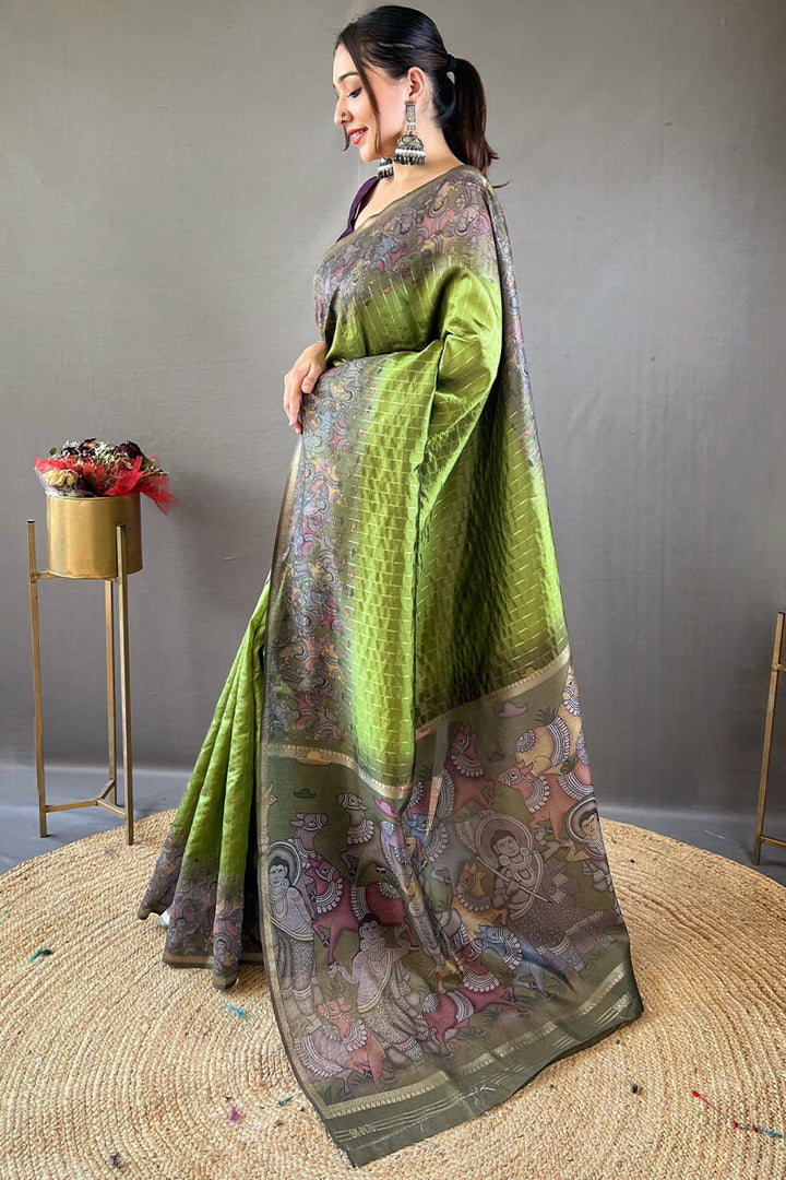 Salad Green Printed Chanderi silk saree