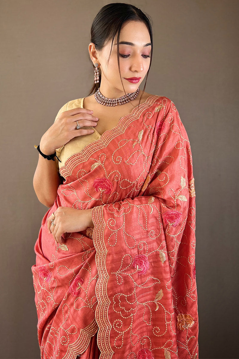 Salmon Pink Embroidered Work Tussar Silk Saree