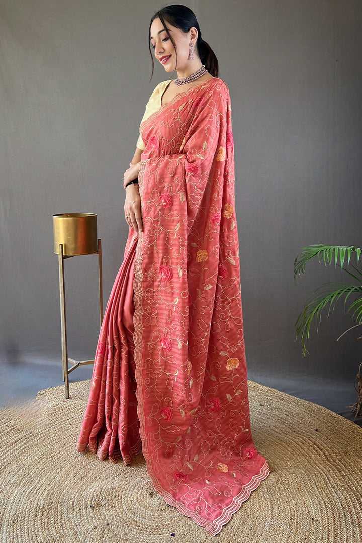 Salmon Pink Embroidered Work Tussar Silk Saree