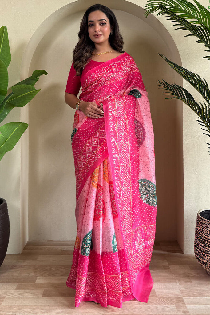 Salmon Pink Printed Bandhani saree