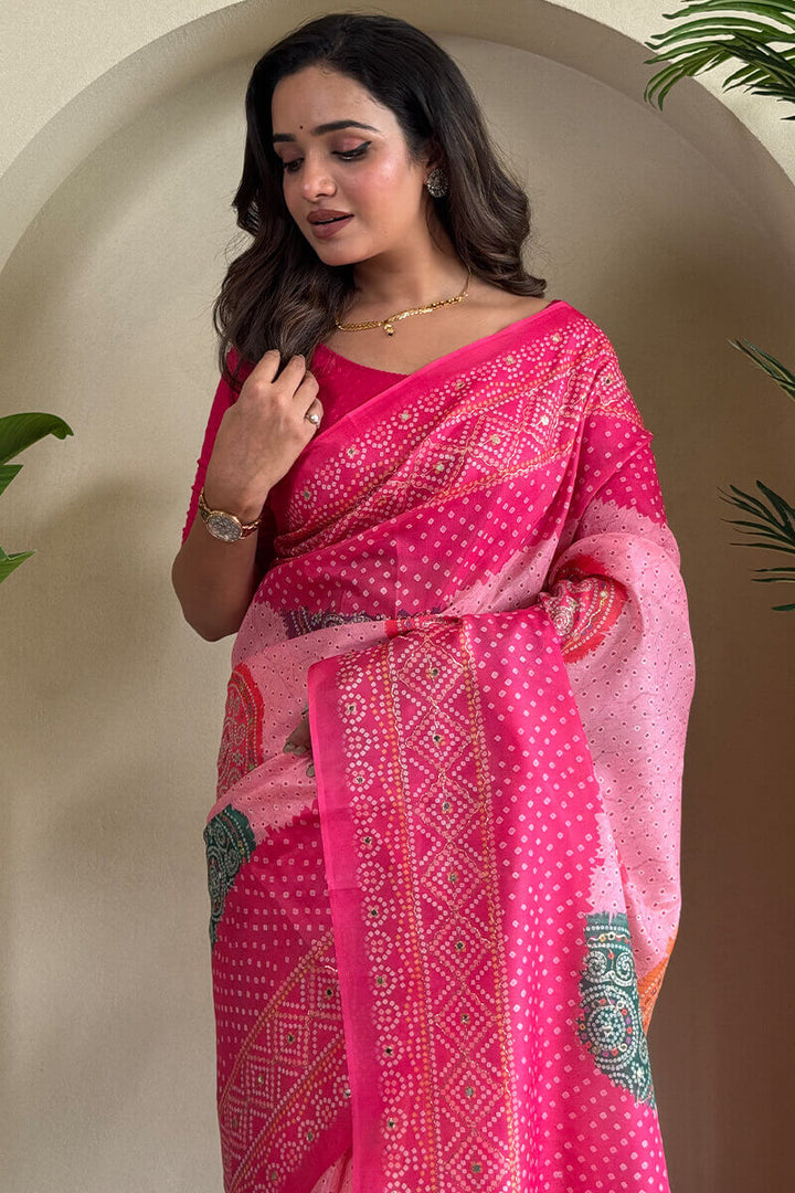 Salmon Pink Printed Bandhani saree