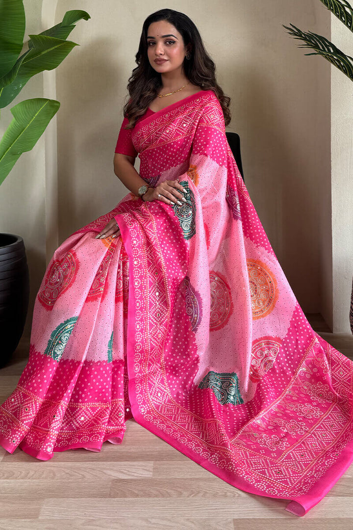 Salmon Pink Printed Bandhani saree