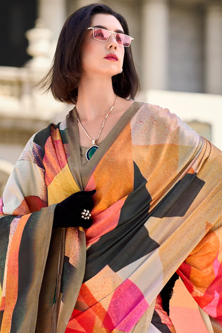 Salmon Pink Printed Satin Crepe Silk Saree