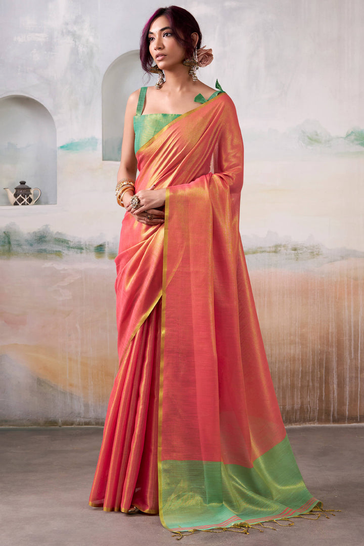 Salmon Pink Tissue Silk Saree