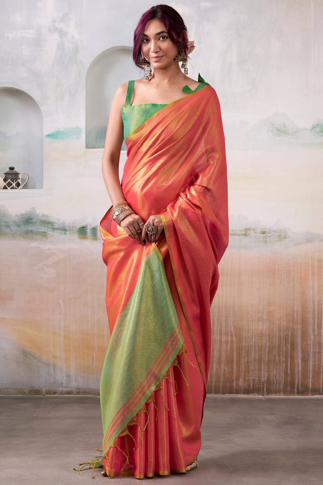 Salmon Pink Tissue Silk Saree